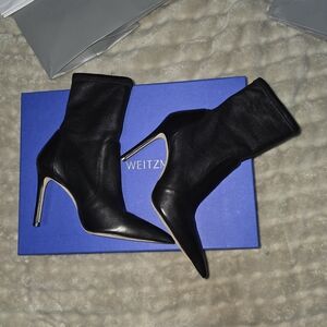 Stuart Weitzman Black Pointed Toe Leather Stiletto Sock Boots